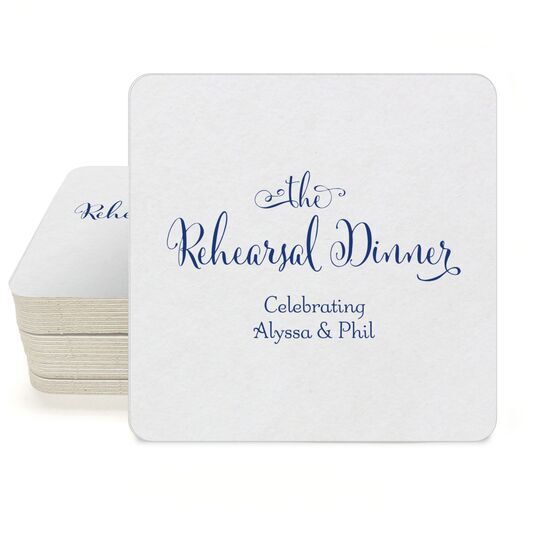 Curly Script Rehearsal Dinner Square Coasters